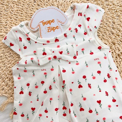 Conj. Blusa Manga Curta Flores e Short - Off White e Vermelho